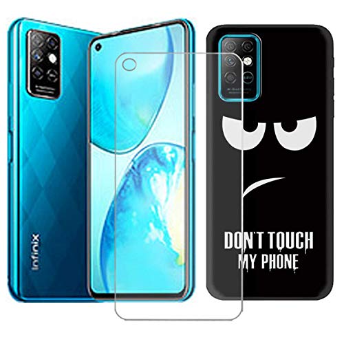 Case for Infinix Note 8 Cover + Screen Protector Tempered Glass Protective Film - YZKJ Flexible Soft Gel Black TPU Silicone Protection Case for Infinix Note 8 (6.95") - LLM2