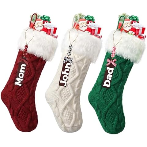 SOMYTING Christmas Stockings, 18" Large Cable Knitted Xmas Stockings Xmas Hanging Stockings with Name Tags Family Kids Christmas Stockings for Holiday Xmas Decoration (Burgundy,Green,Ivory, Pack 3) Cover