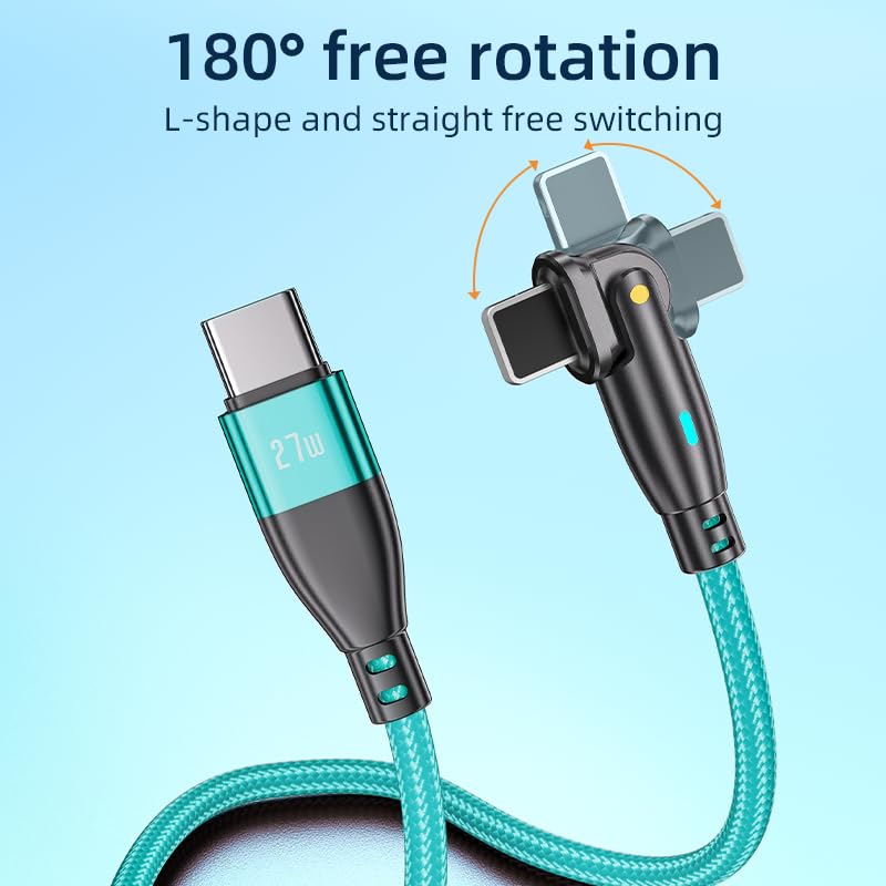 Algasan PD 27W USB C Fast Charging Charger Cable for iPhone 15 14 13 12 11 Pro Max Phone Power Adapter Type C Charging Cable Accessories 180 Degrees (Green, 2M)