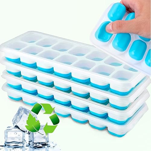 EVABRIS® Pack 4 Cubiteras para Hielo con Tapa, Hielera de Silicona para hacer Cubitos de Hielo, Ice Cube Maker Tray Silicone (Azul, 4 Unidades)