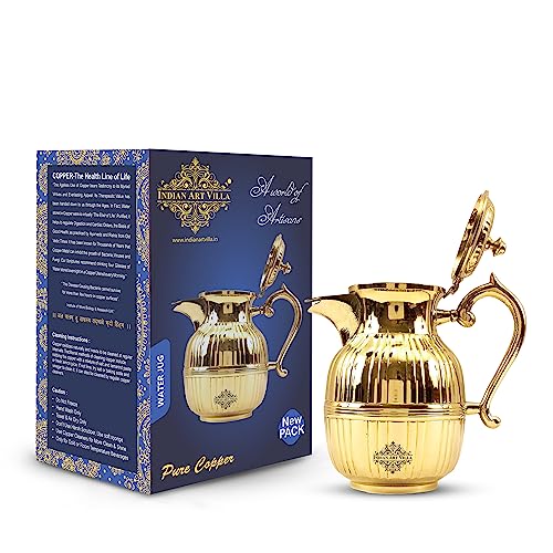 Image of INDIAN ART VILLA Brass Barrel Design Carafes with Lid, 1250 ml for Storage & Serving Water - Home Decor Gold Accent