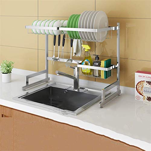 HXZJUIKL Stainless Steel Dish Rack with Cutlery Holder - Space-Saving Kitchen Sink Drainer & Storage Shelf for Upper Sink Area - 65x32x52 cm & Rust-Resistant