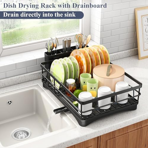 Image of Umite Chef Large Dish Drying Rack for Kitchen Counter, Black Metal Dish Drainer with Drainboard, Utensil Holder, Cup Holder, Rust Resistant Kitchen Dish Rack with Water Drain Spout for Countertop