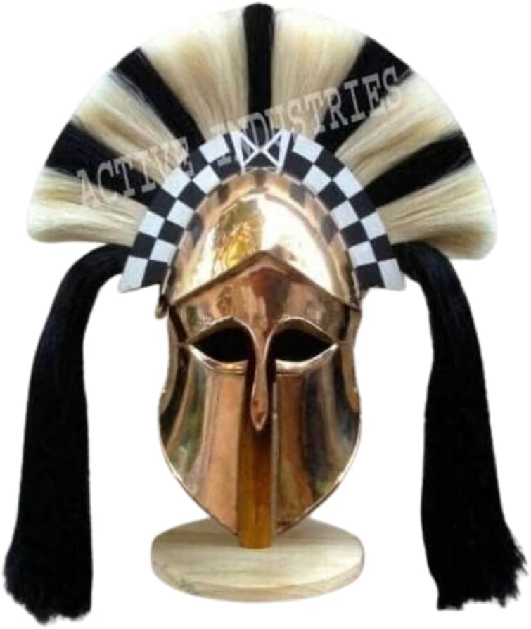 Greek Corinthian Plume Helmet | Medieval Hoplite Warrior Armor for Adults | Brass/Steel Spartan-Style Helmet with Horsehair Crest & Wooden Display Stand for Costume, LARP & Collectibles