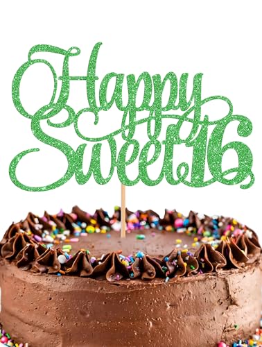 EONNCNT Happy Sweet 16 Cake Topper - Glitter Green 16th Birthday Cake Decorations, Sixteen Year Old Cake Smash Decor, Happy Sweet 16 Sign Cake Top Photo Booth Props (Green), S16-all