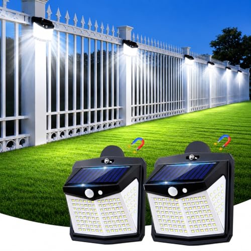 128LED Magnetic Solar Lights Outdoor No Drill Solar Motion Sensor Lights with Strong Magnets IP65 Waterproof Outdoor Step Lights for Metal Fence Chain Link RV Camper Porch Deck Garage(2Pack