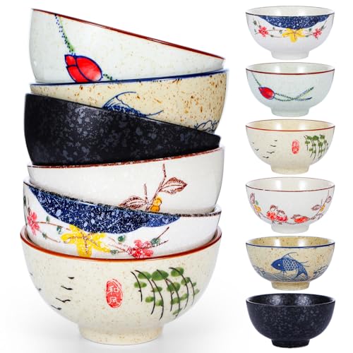 Ckhoid Retro Ceramic Bowls Set for 6 4.5 Inch Japanese Chinese Bowl Small Hand-Painted Floral Plum Ceramic Bowls for Soup Rice Cereal Dessert Snack Fruit Salad Noodles Dishwasher Microwave Safe