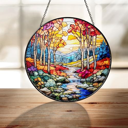 Personalized Mountain Stained Glass Suncatcher for Window Hanging, Customized Natural Landscape Mountains and Forests Glass Window Hanging Wall Decor for Bedroom Office Home Decoration (GS16)