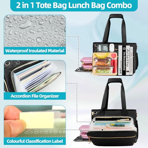 Lunch Work Tote Bag for Women with Accordion File Organizer Pocket, 3 in 1 Daily Tote Bag with Insulated Lunch Compartment& 15.6 Inch Laptop Compartment for Business Teacher Nurse (Black)2