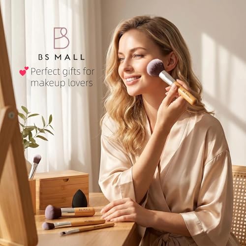 BS-MALL Makeup Brush Set 11Pcs Bamboo Synthetic Kabuki Brush Set Foundation Powder Blending Concealer Eye shadows Blush Cosmetics Brushes with Travel Organizer Bag & Makeup Sponge (Bamboo 11)
