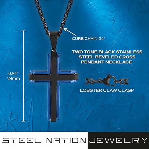 Black Stainless Men's Modern Cross Curb Chain Pendant Necklace with Blue Accents - 24"3