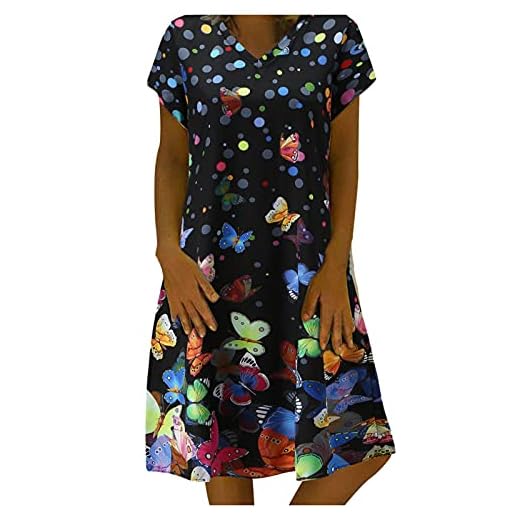 VEMOW Vestidos Verano Mujer Elegantes Vestidos Cortos con Estampados de Arte Pintura Manga Corta Cuello en V, Suelto Falda de Playa Vestidos de Fiesta Bohemio Noche Tallas Grandes(P03 Negro,3XL)
