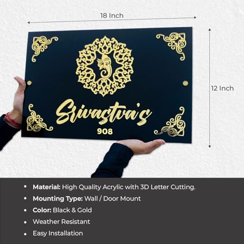 Image of BEE CREATIVE Laser Cutting Customise Acrylic Design Name Plate for Home, Office & Outdoor Entrance (Ganpati) | Acrylic Name Plate for Main Door, Outdoor Name Board, Stylish Design for Flat, Apartments