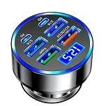 USB C Car Charger Adapter with Voltmeter Compatible with iPhone 16 15 14 13 12 11, Android, Samsung, Super+ QC3.0 6 in 1 Multi-Port Super Fast Charging Cigarette Lighter USB Charger