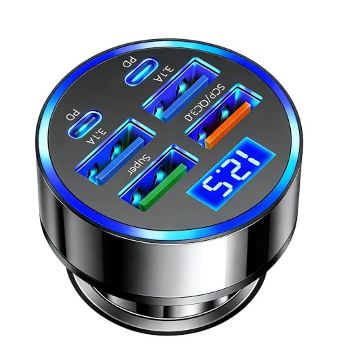 120W Multi Port USB C Car Charger Adapter 6 in 1 with Voltage Display Super Fast Charging, PD4.0/QC4.0/PPS/AFC Fast Charging Cigarette Lighter Adapter for MacBook iPhone Galaxy Android