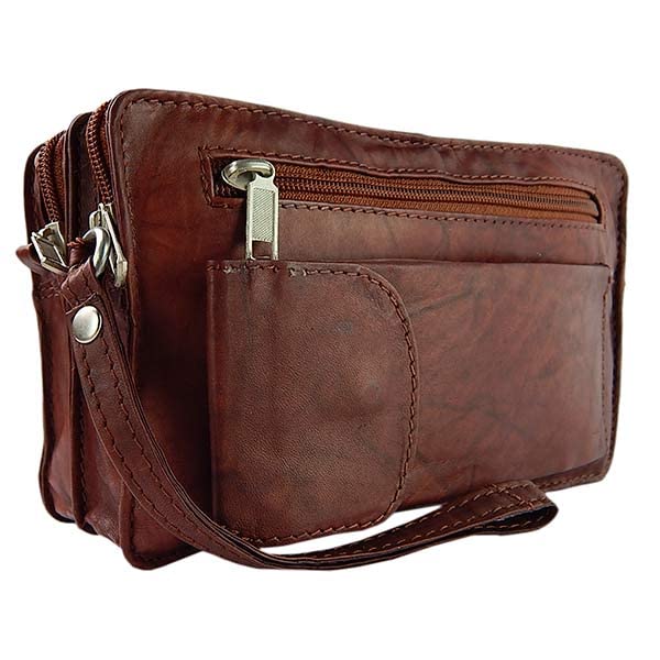 ekavale elegante Herren Handgelenk-Tasche Henkeltasche aus hochwertig verarbeitetem Echtleder mit praktische Trageschlaufe (Braun)