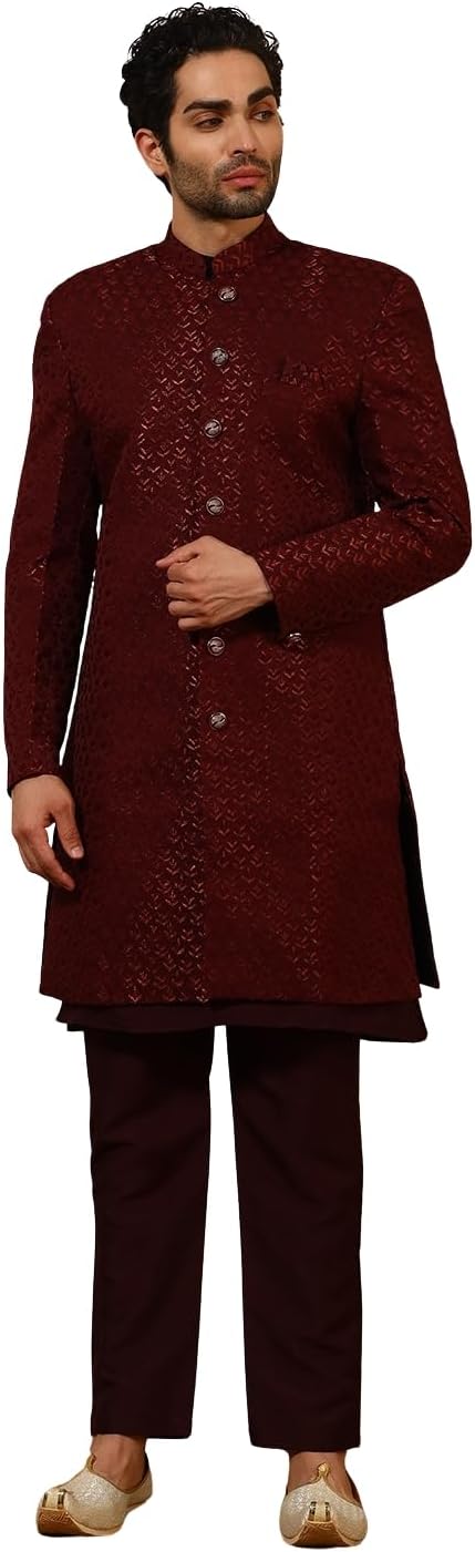 Pro-Ethic Style Developer Jacquard Indo-Western Set with Floral Design Embroidery Long Jacket for Men (C-132)