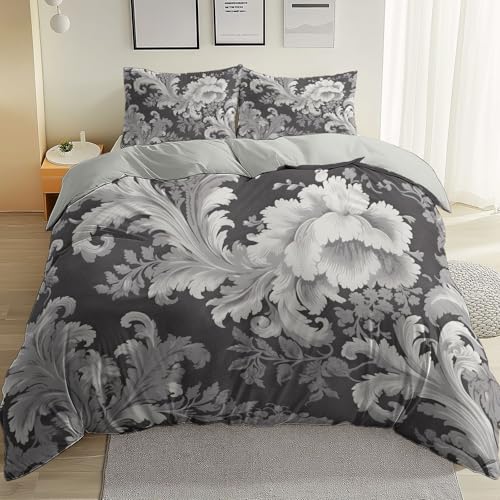Funda Nordica Cama 135/150 220 x 240 cm, Arte Lineal Flores Tinta 100% Microfibra Suave Gris Ropa Cama con Estampado Moderno - Concealed Zip, Corner Belt Design