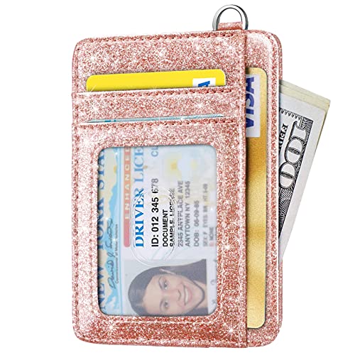 Slim Front Pocket Wallet Rfid Id Card Holder Cute Small Wallet With Keychian For Women,Rose Gold Glitter #TOP1