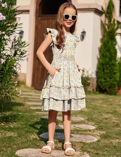 Image of Arshiner Girls Dresses Flutter Sleeve A-Line Sundress Casual Summer Tiered Swing Midi Pocket Dress