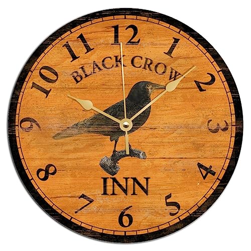 Crow Wood Clock Black Crow Inn Wall Clock Orange Wooden Wall Clock Quality Quartz Battery Clock Silent Vintage Farmhouse Rustic Decor for Living Room Bedroom Office Classroom 12Inch Birthday Gift