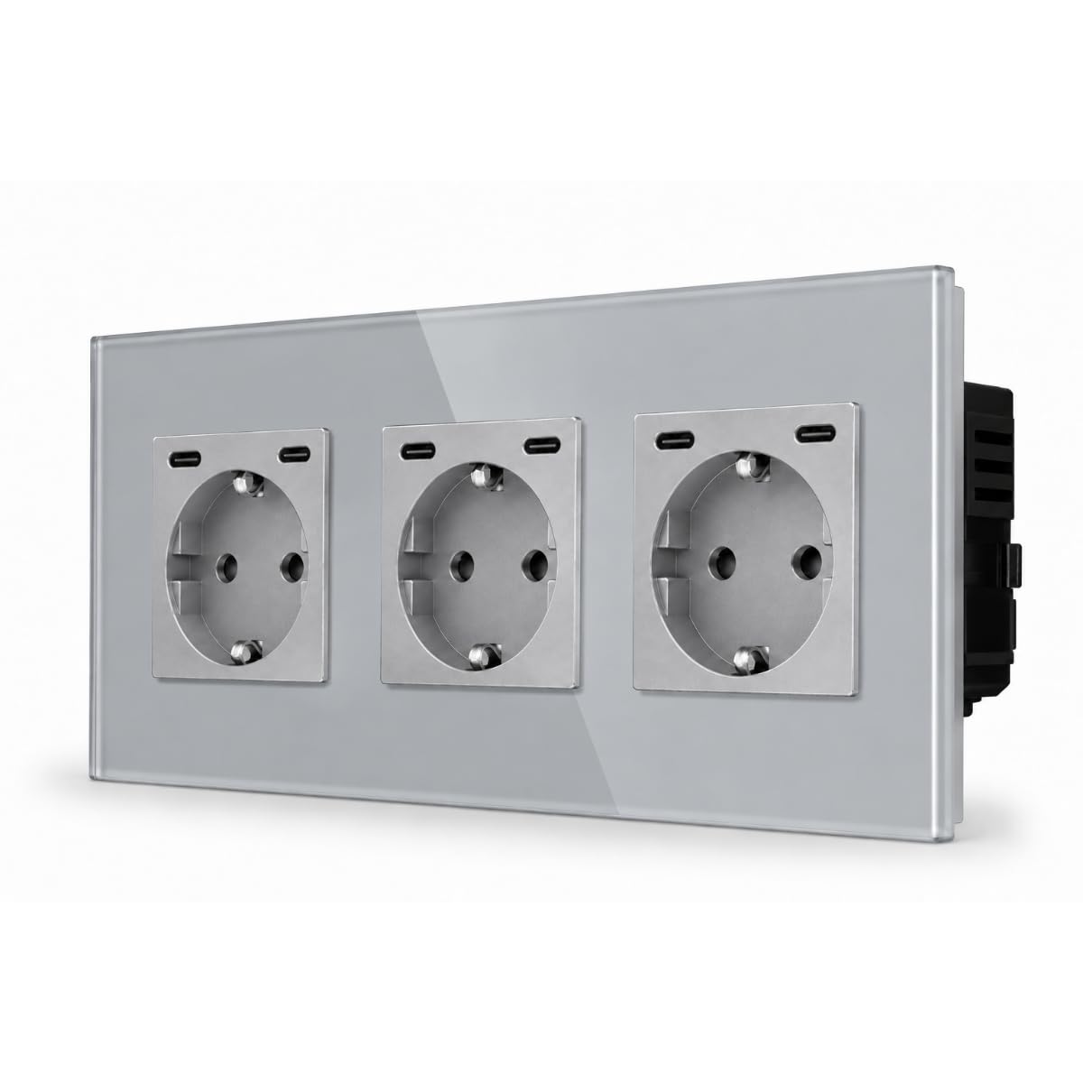 Triple prise - Gris - USB C+C 20W - Verre cristal | Charger deux appareils simultanément