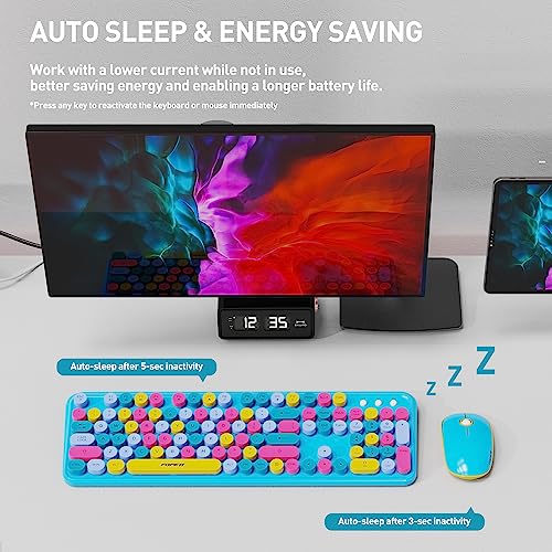Image of Colorful Wireless Keyboard and Mouse Combo, Cute Blue Typewriter Style Round Key Keyboard, 2.4GHz Fun Bubble Full Size Aesthetic Retro Keyboard with Number Pad for Long Nails PC Laptop Desktop