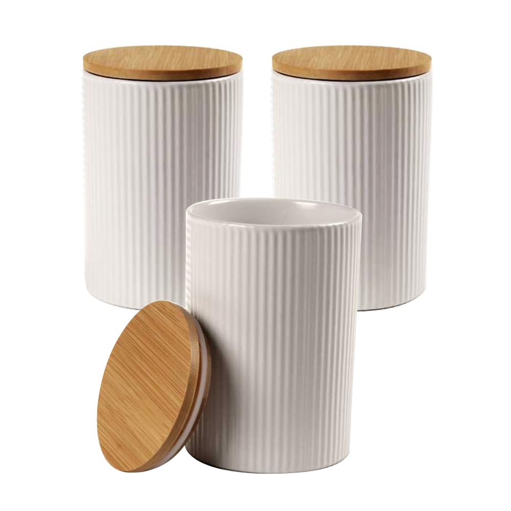 Set 3 Barattoli di Ceramica - Tappo in Legno, Ermetico, Rilievo, Decorati, Bianco, Nero, Marmo, Minimalista, Cucina, Contenitori Spezie, Sale, Zucchero, Caffè (Bianco, 10 x 15 cm)