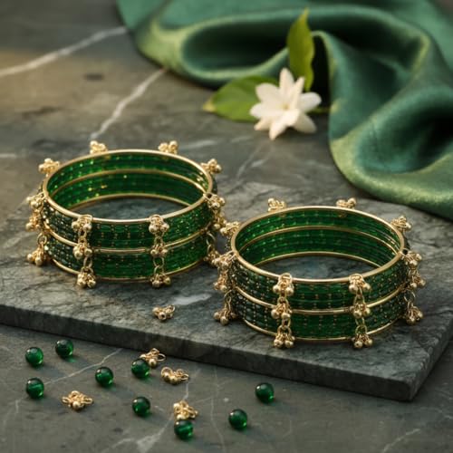 Image of Kashmiri Ghangharoo Glass Bangle Set for Women| Light Weight Bangles | Traditional Transparent Fancy Glass Chudi Set for Wedding, Party|Set Of 16(12 Glass + 4 ghungroo bangles)