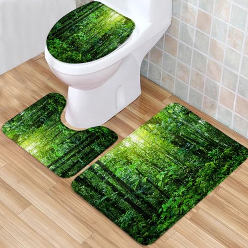 3pcs/Set Rain Forest Scenery Bath Rugs Tropical Plants Primary Forest Natural Landscapes Green Leaves View Low Pile Memory Foam Bathroom Decor Rug U Shape Mat Toilet Lid Cover 17.7 x 29.5 Inch