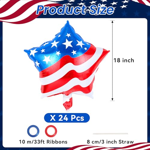 Image of 24 Pcs 4th of July Balloons,American Flag Balloon,Patriotic Party Decorations,18 inch Red White Blue Star Foil Balloon for Independence Day Memorial Day Party Supplies (American Flag Star)