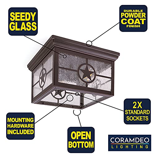 Coramdeo Country Star Square 2 Light Ceiling Mount Farmhouse Fixture, Indoor Or Outdoor, Two Standard Sockets, Open Bottom, Damp Location, Rust Finish With Seedy Glass #TOP2