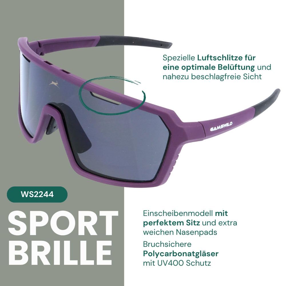 Gamswild WS2244 Sportbrille Sonnenbrille TR90 Fahrradbrille Skibrille Damen Herren Unisex verstellbare Nasenpads| grün | lila| orange |