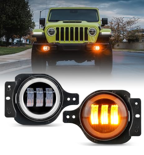 Image of 300% Bright 60W LED Fog Lights w /DRL Compatible with 18+ Jeep JL JT, Amber | 2 Light Functions, Angel Eye, Adjustable Angle, Waterproof, Plug N Play, DOT Approved