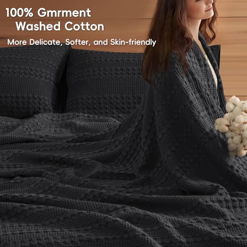 Image of PHF 100% Cotton Waffle Weave Blanket Oversized King for Bed 120 inchx120 inch- Giant Big Lightweight Blanket 10'x10' for Bed Sofa - Aesthetic Extra Large Washed Cotton Soft Blanket - Black