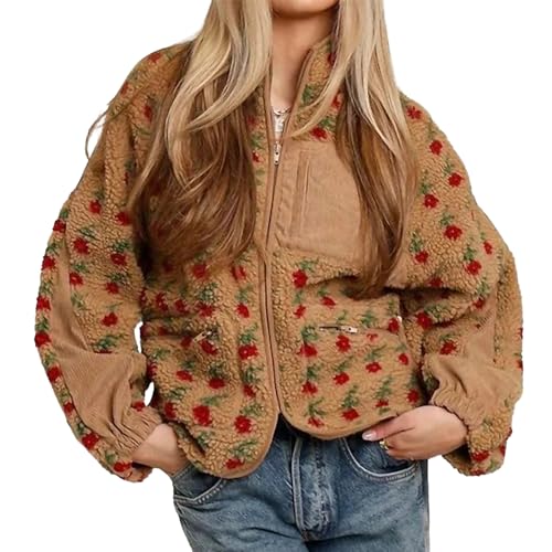 Ainangua Printed Fuzzy Sherpa Fleece Jacket Women Oversized Plush Zip Up Floral Sweatshirt Winter Warm Casual Outwear
