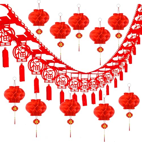 Chinesisches Neujahr Deko 2026, Chinesische Lampions Rote Papier Chinese Lantern und Chinesische Neujahr Fu Zi Girlande Hängedeko, Rot Hängende Lampions für Asiatische Neujahrsfest Frühlingsfest