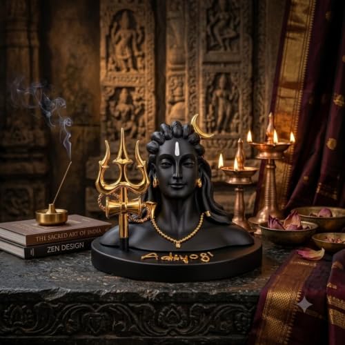 Image of Premium Lord Shiva Bust Idol with Trishul & Damru | Black and Golden Mahadev Statue for Home Decor, Office Desk, Temple & Spiritual Gift