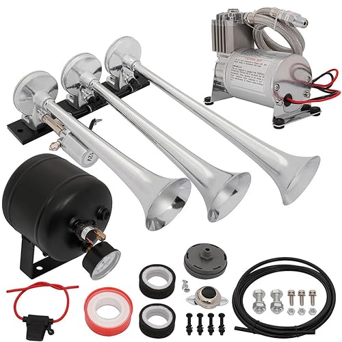 STAYTOP 150db Train Horns 3 Trumpet Electric Train Car Air Horn with 150 PSI Air Compressor 0.5 Gal Tank Full System Kit for 12V Cars Trucks Trains Boats RVs Silver