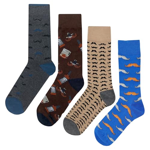 Mustache Dress Socks 4 Pack Funny Novelty Crazy Fun Design Men Size 8-12 Cotton Casual Crew Colorful Funky Fancy Socks Gift for Men