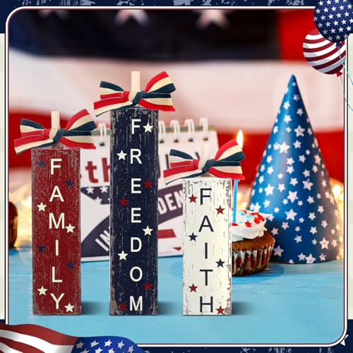 3 Pcs 4th of July Decorations Patriotic Table Sign Red White Blue Tiered Tray Decor Wood Independence Day Centerpieces America Sign for Memorial Day Farmhouse Home Shelf Tabletop(Retro) - Image 3