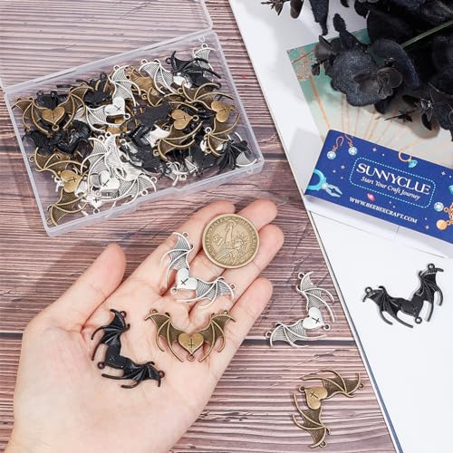 SUNNYCLUE 1 BOX 30PCS Black Bat Connector Charms Heart Charms Halloween Gothic Vampire Wing Double Loops Silver Bronze Black Link Charm Bulk for Jewellery Making Charms Earrings Necklace Diy Crafts - Image 3