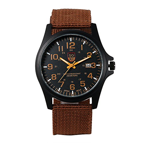 Ibohevo Nylon Band Military Watch: Men Coffee Waterproof Outdoor Sport Field Analog 24 Hours Wrist Watches Date Calendar Round Dial Army Wristwatch