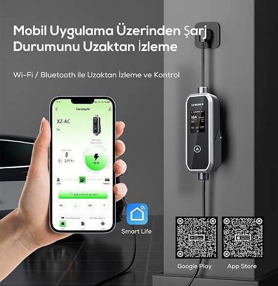 SCHONER® 3.5kw Taşınabilir Elektrikli Araç Şarj Istasyonu -Tak ve Şarj Et- Wi-Fi/Bluetooth Smart 5 Metre Tip2 Kablolu