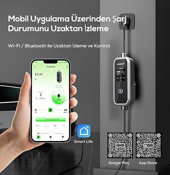 SCHONER® 3.5kw Taşınabilir Elektrikli Araç Şarj Istasyonu -Tak ve Şarj Et- Wi-Fi/Bluetooth Smart 5 Metre Tip2 Kablolu