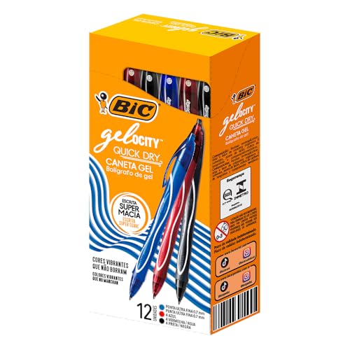 BIC, Caneta em Gel, Gelocity, Quick Dry, Ponta Fina, 3 Cores, 12 Unidades