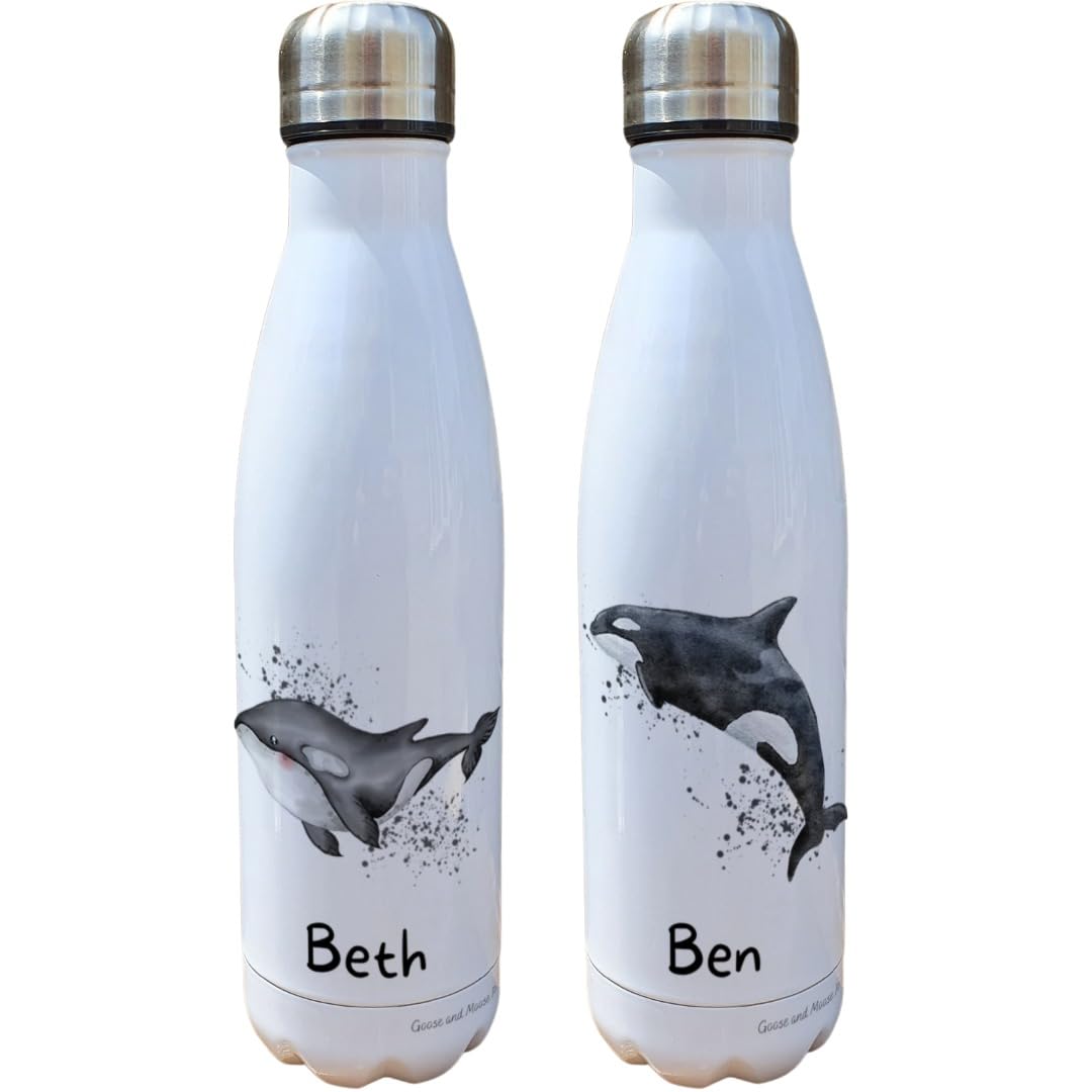 Orca Insulated Bottle Personalised - Gift for Sea Creture Lover - Personalised Marine Thermal Flask - Stainless Steel Water Bottle (Beth)