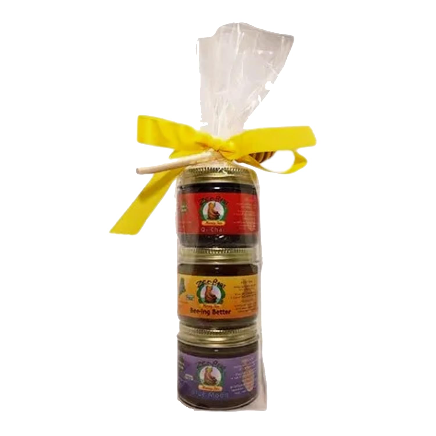 Zen Bear Honey Tea Sample Stack with Honey Dipper - Bee-Ing Better, Qi Chai, Blue Moon - Elevate Your Tea Experience at Home - Great Gift for Tea Lovers | 3 oz Jars of Organic Honey-Infused Teas