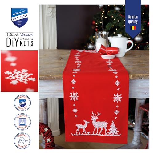 Image of Vervaco Embroidery Christmas Embroidery Kits Cross Stitch Table Runner DIY Set, Tablecloth to Embroider with Image on Cotton and Embroidery Thread, 12 x 42 Inches, Christmas Deers