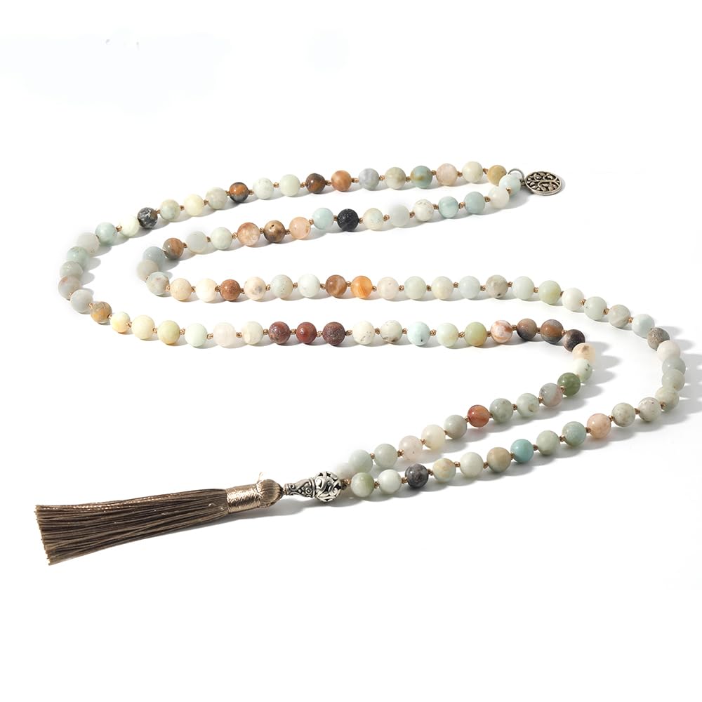 108 Mala Prayer Beads Necklace Natural Stones Meditation Yoga Jewery 108 Hand Knotted Japa Mala Beaded Long Tassel Necklace with Tree of Life Pendant for Men and Women